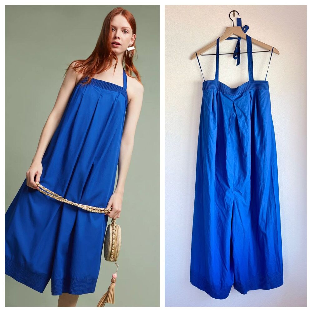 Anthropologie Hei Hei Sunward Halter Jumpsuit Royal Blue Size M Wide Leg EUC